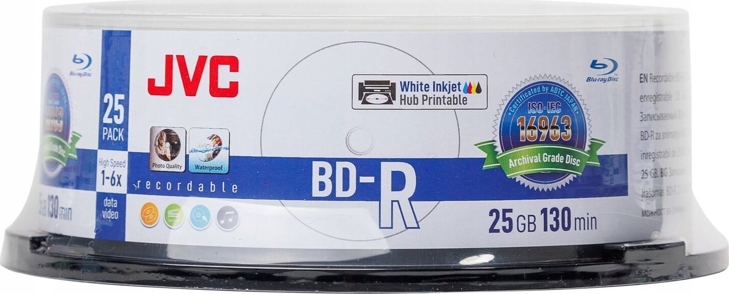 JVC JVC BD-R 25GB 6X INKJET WHITE PRINTABLE ARCHIVAL WATERPROOF PHOTO GLOSSY CAKE*25 70L71KJCK0006 JVBDR25WAP