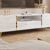 Szafki RTV - Szafka RTV 2-drzwiowa z 1 szufladą i 1 wnęką - Biały z połyskiem i Złoty - MARZIALO - miniaturka - grafika 1