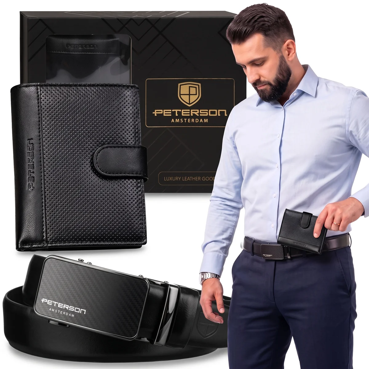 Peterson ZESTAW PREZENTOWY: Skórzany Portfel RFID + pasek do spodni ZE SKÓRY NATURALNEJ