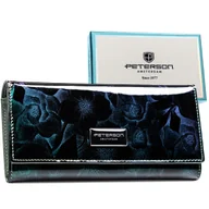 Portfele - Zielony klasyczny duży poziomy portfel damski na zatrzask skóra naturalna i ekologiczna PETERSON elegancki lakierowany w kwiaty pudełko prezentowe o.. - miniaturka - grafika 1
