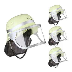 Relaxdays Kask strażacki dla dzieci, zestaw 4 sztuk, regulowany, składany wizjer, chusta na kark, straż pożarna, wys. x szer. x gł.: 24,5 x 22,5 x 28 cm, żółty - Zabawy w naśladowanie dorosłych - miniaturka - grafika 1