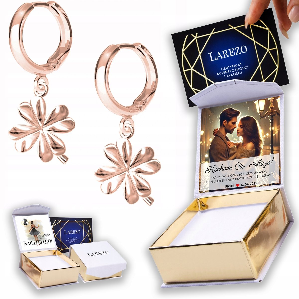 Kolczyki Pozłacane 925 Koniczyny Liście Kwiaty Listki z Koniczynki NADRUK