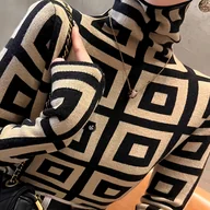 Swetry damskie - TEMU Damski Sweter Zimowy z Golfem w Dopasowanym Kroju - Czarny, Biały, Szary, Beżowy z Wzorem Greckim i , Długi Rękaw, Kołnierz, Sweter do - miniaturka - grafika 1