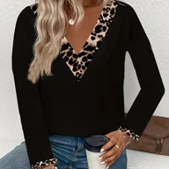 Koszule damskie - TEMU Elegancka Bluzka Damska z Długim Rękawem i V-Neck w Czarno-Brązowe Lamparcie Wzory - Niestretchowa Koszulka ze Stabilnym Krojem, Białym - miniaturka - grafika 1