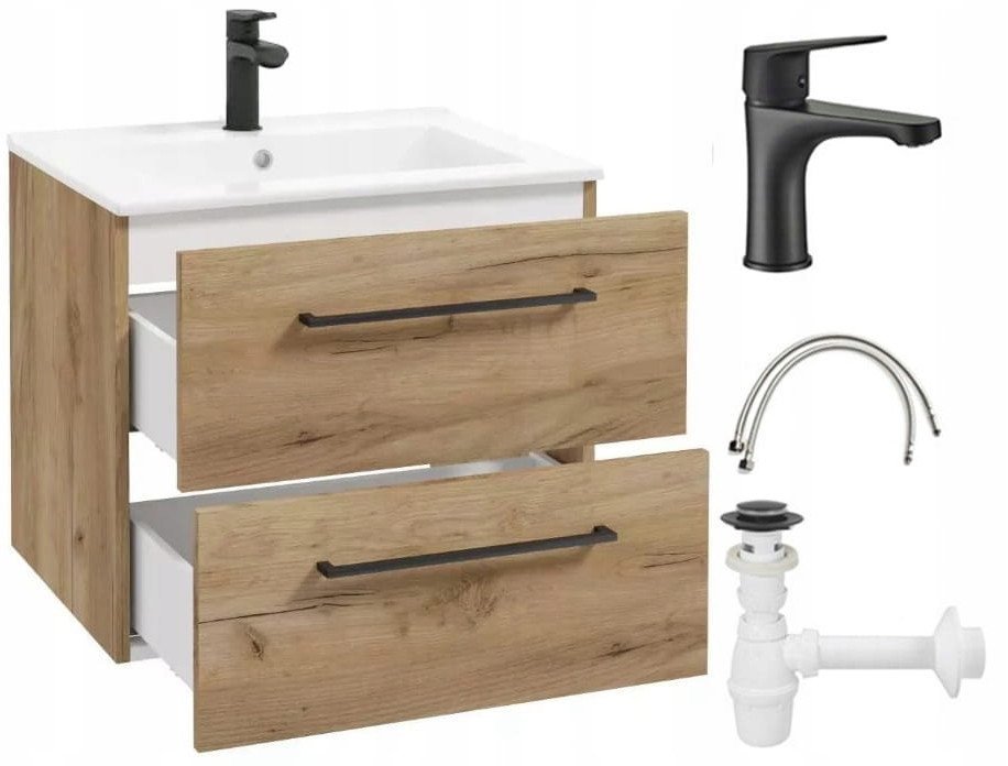 Szafka z umywalką łazienkowa wisząca dąb craft 60cm z baterią i syfonem Pinia