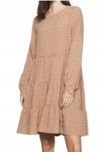 VERO MODA BEŻOWA SUKIENKA MIDI Z FALBANAMI I PRINTEM KWIATOWYM XS XQA