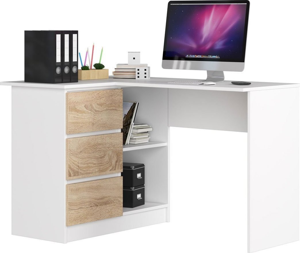 Elior Biurko narożne lewostronne biały + dąb sonoma - Heron 3X