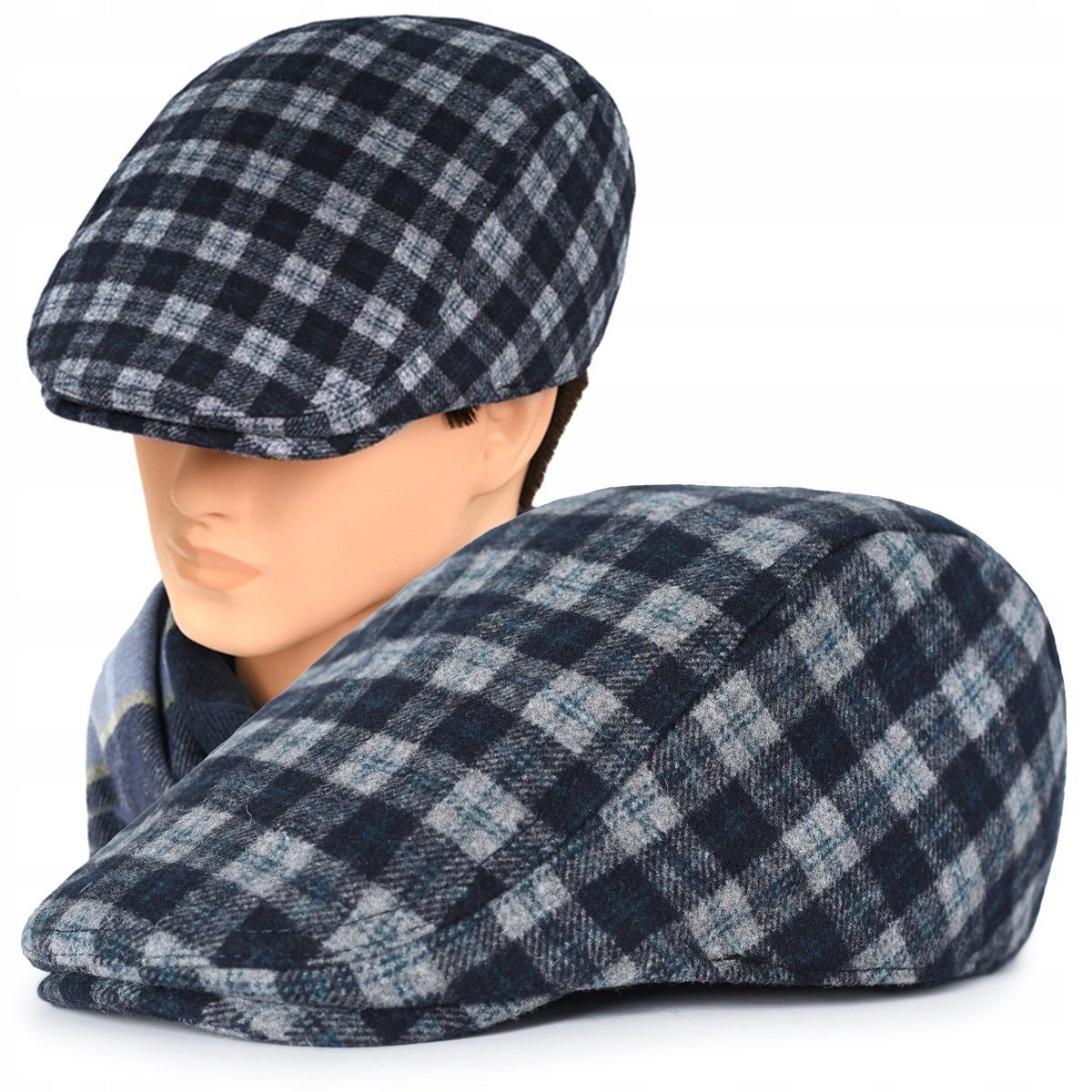 Kaszkiet Męski Zimowy Ocieplany Elegancka Czapka w Kratkę 50% Wełny