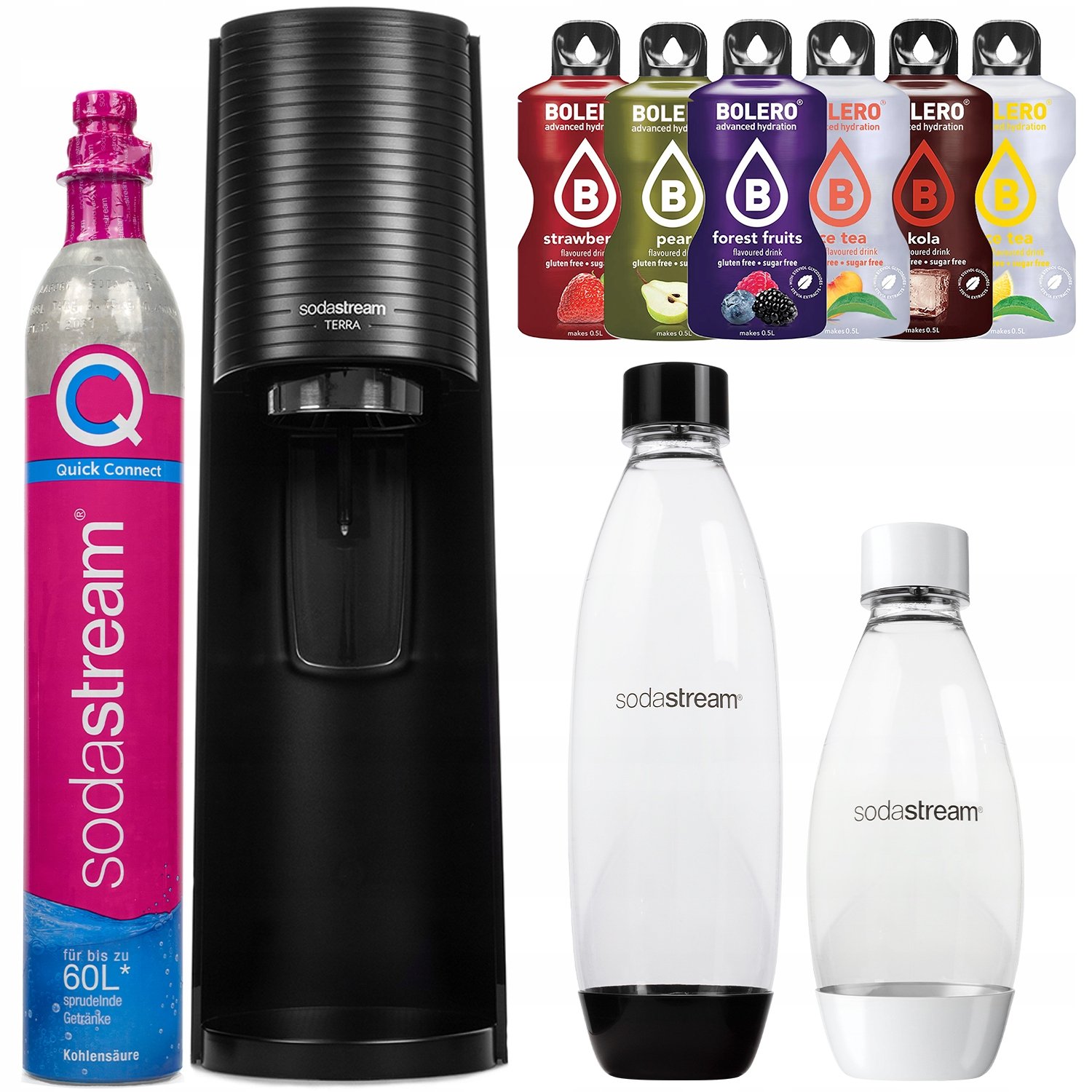 Saturator SodaStream Terra Black jedna butelka + Butelka Biała 1l + Czarna (dek) 1l + bolero