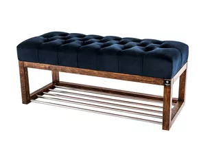 Ławka na buty 105cm EMRAWOOD drewno lite kolor orzech siedzisko pikowane kolor granatowy - Ławki do przedpokoju - miniaturka - grafika 1