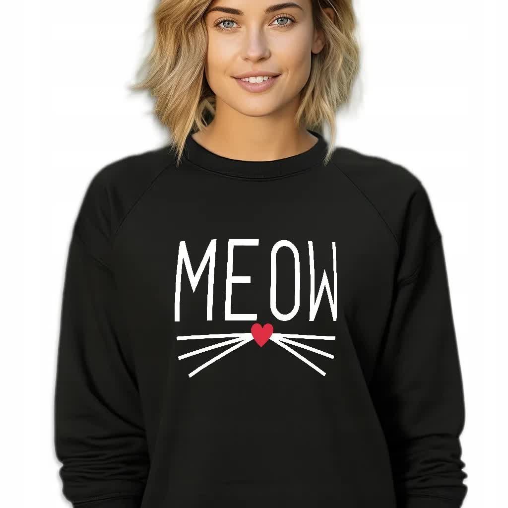 Czarna Bluza Damska Dresowa MEOW Stylowa Modna Wzory Rozmiar M