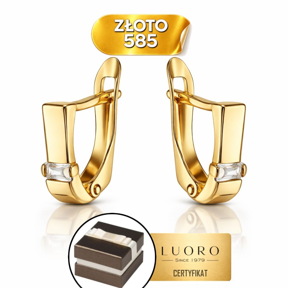 KOLCZYKI ZŁOTE 585 14K Z BIAŁYM PROSTOKĄTEM ANGIELSKIE ZAPIĘCIE 15 MM