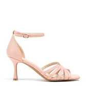 Półbuty męskie - Damskie sandały ze skóry na szpilce różowe - miniaturka - grafika 1