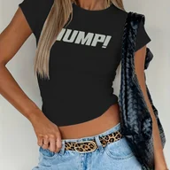 Bluzki damskie - TEMU bluzka z krótkim rękawem i nadrukiem liter "JUMP!" z modnym odwróconym logo, stylowa, dopasowana do figur, idealna dla modnych kobiet. - miniaturka - grafika 1