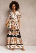 Sukienki - Czarno-Kremowa Kopertowa Sukienka Maxi z Gumką w Talii i Rozkloszowanym Dołem Jeanina - miniaturka - grafika 1