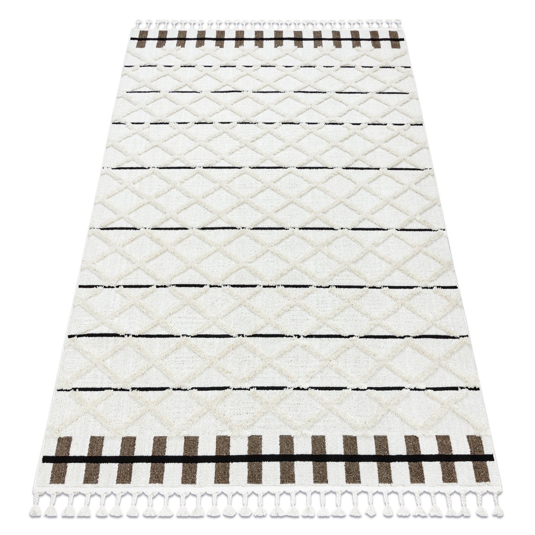 Dywan SEVILLA Y611A kratka, romby brązowy / Frędzle berberyjski marokański shaggy biały 160x220 cm