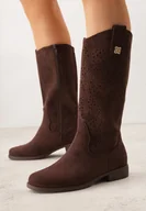 Botki damskie - Brązowe Botki Ażurowe Ozdobione Metaliczną Aplikacją Iomosa - miniaturka - grafika 1