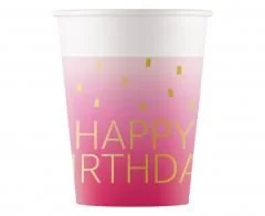 Kubeczki papierowe Pink Happy Birthday 200ml 8szt - Naczynia i sztućce jednorazowe - miniaturka - grafika 1