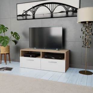 Szafka pod TV materiał drewnopochodny 95x35x36 cm dąb i biały - Szafki RTV - miniaturka - grafika 1