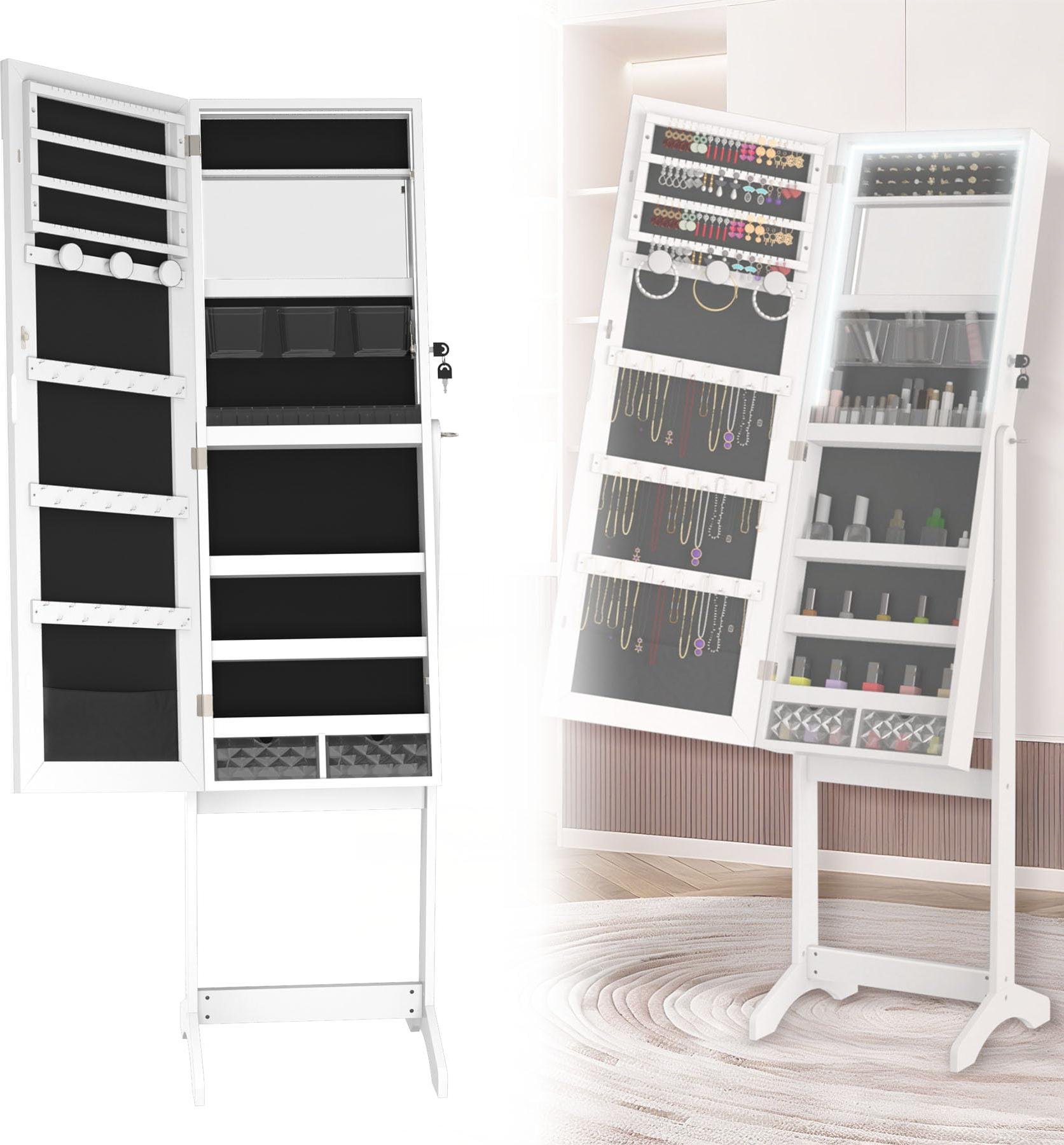ACXIN Lustrzana szafka na biżuterię Regulowany stojak na biżuterię Przechowywanie biżuterii z oświetleniem LED i blokadą bezpieczeństwa 2 w 1 Stojąca szafka z lustrem 152 x 39,5 x 36,5 cm Biały