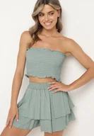 Komplety damskie - Miętowy Bawełniany Komplet Krótki Top bez Ramiączek Szorty z Gumką w Pasie i Falbanką Tesmara - miniaturka - grafika 1