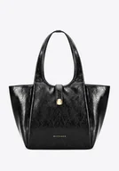 Torebki damskie - Damska shopperka z imitacji skóry z ozdobnym paskiem czarna - miniaturka - grafika 1
