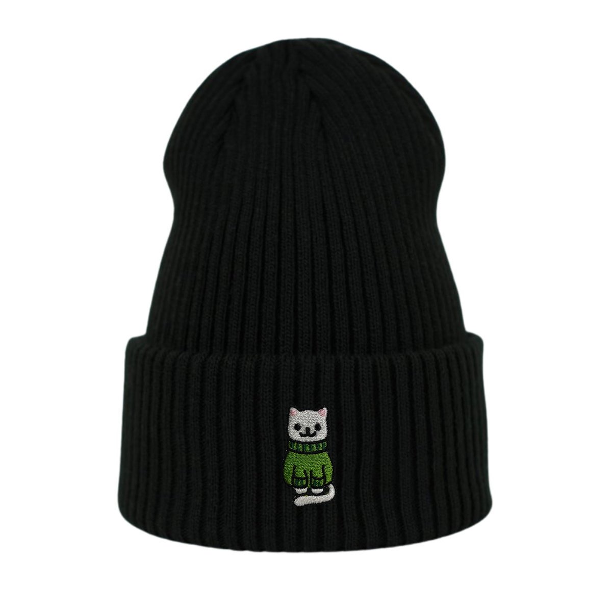 Haftowana czapka beanie - ZIMOWY BIAŁY KOTEK - czarny