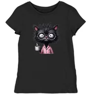 Koszulki i topy damskie - Koszulka damska zaspany kot w okularach z kawą czarna S - miniaturka - grafika 1