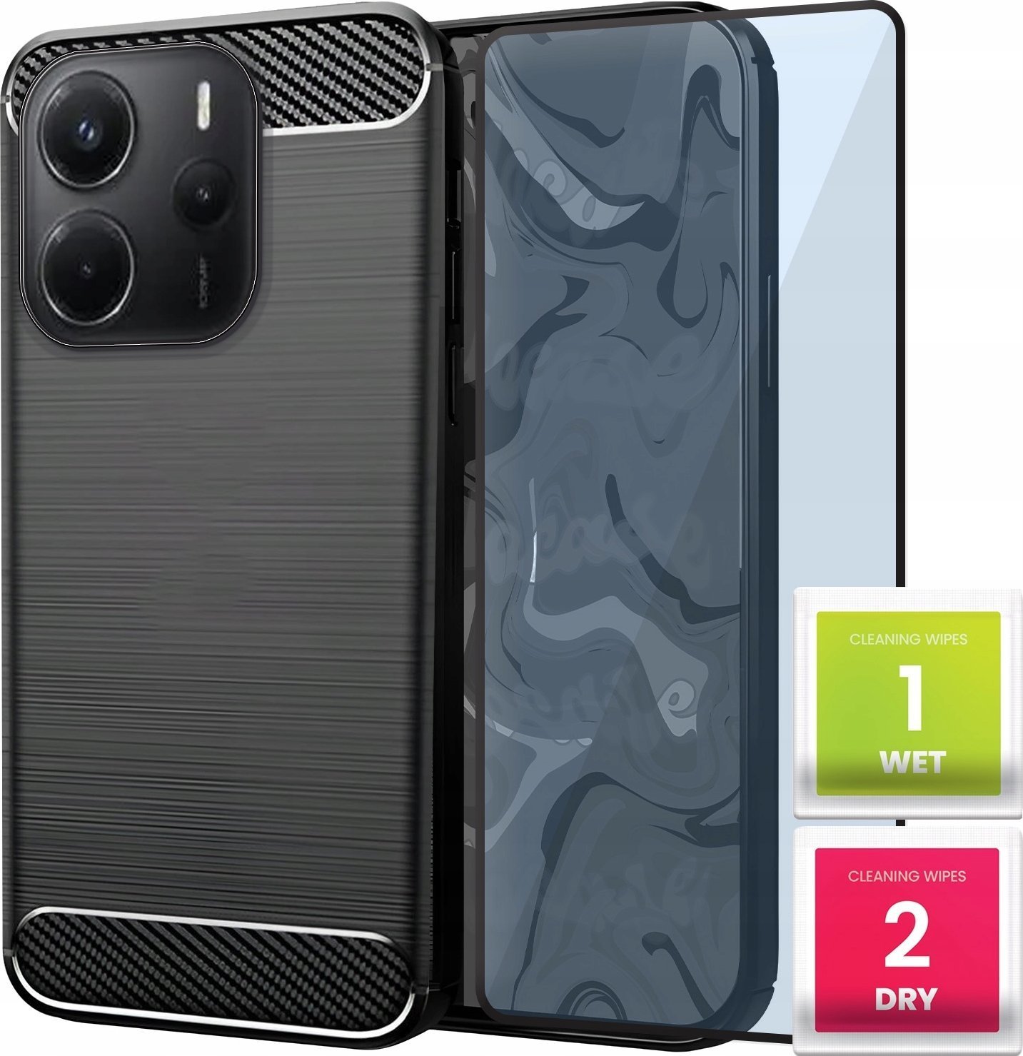 Etui do Xiaomi Redmi Note 14 5G Czarne, Karbon, Pancerne, Case Szkło 9H