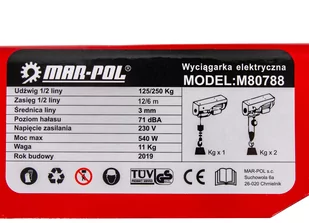 Wciągarka wyciągarka elektryczna linowa warsztatowa 250kg 540W MAR-POL - Wciągarki - miniaturka - grafika 5