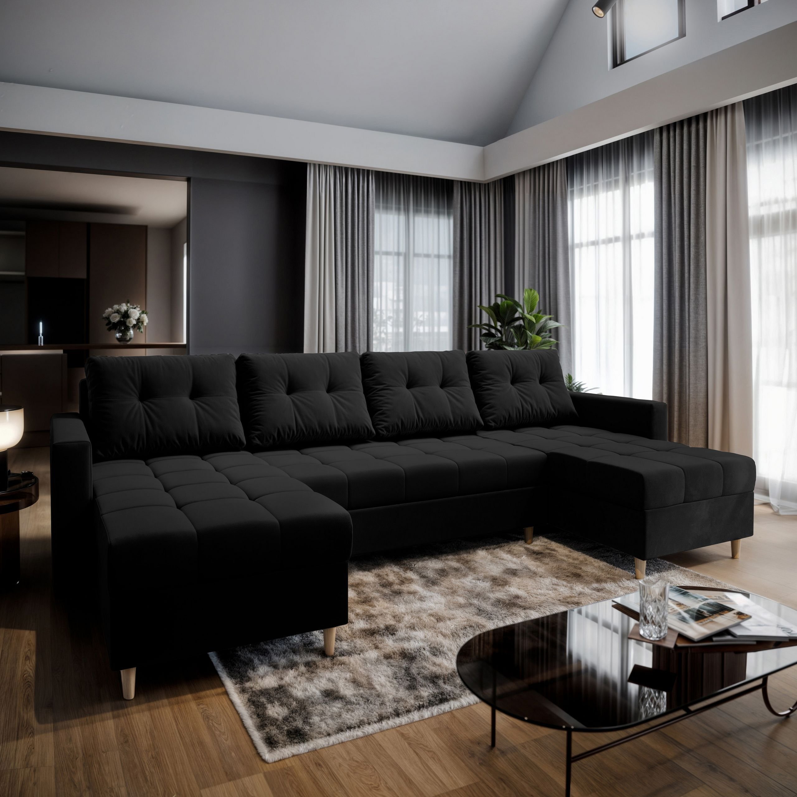 Masseno Narożnik MILO U z funkcją spania i pojemnikiem na pościel Kształt U, Rozkładana sofa, Rogówka - Czarny, KRONOS 07