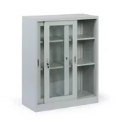 Szafki biurowe - Metalowa szafka z półkami i szklanymi przesuwanymi drzwiami, zdemontowana, 900 x 1150 x 400 mm - miniaturka - grafika 1