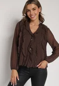 Bluzki damskie - Brązowa Bluzka Koszulowa z Dekoltem w Serek Zdobiona Falbankami Nailiphis - miniaturka - grafika 1