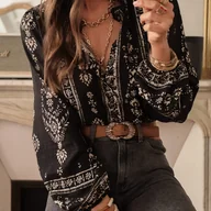 Koszule damskie - TEMU Damska elegancka bluzka w stylu vintage w kolorze beżowym z długimi rękawami w kształcie pęcherzyków, stójką i przyciem z przodu - uniwersalna - miniaturka - grafika 1