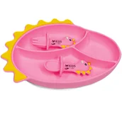 Miseczki i talerzyki dla dzieci - Silikonowy talerzyk z przyssawką BLW dla dziecka DINOZAUR i sztućce - różowy - miniaturka - grafika 1