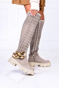 Beżowe kozaki ażurowe za kolano na platformie ze złotym łańcuchem POLSKA SKÓRA Casu 4047-S - Kozaki damskie - miniaturka - grafika 1