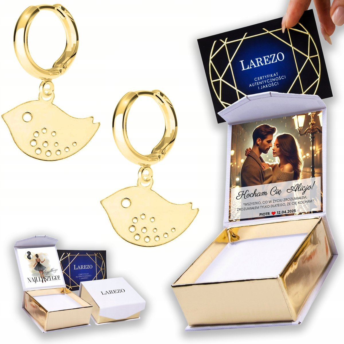 Złote Kolczyki 925 Ażurowe Ptaki Ptaszki Jaskółki Bird Jaskółka NADRUK