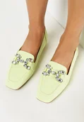 Mokasyny damskie - Zielone Mokasyny z Kwadratowym Noskiem i Paskiem z Kryształkami Payzla - miniaturka - grafika 1
