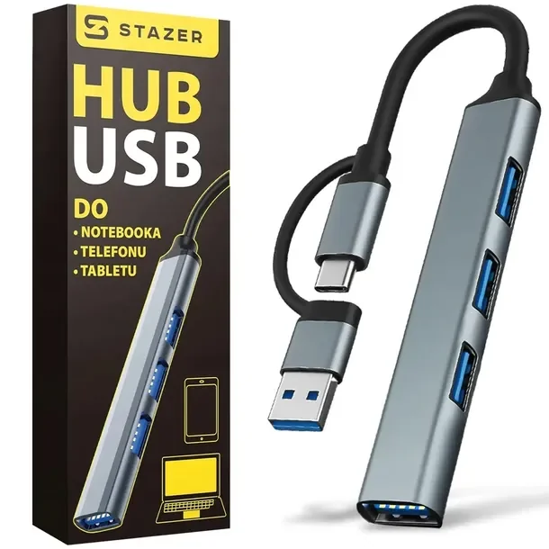 Adapter Rodzielacz Hub Rozgałęźnik Splitter Super Slim 4x Usb-a 3.0 Usb-c
