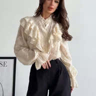 Koszule damskie - TEMU Bluzka Damska Elegancka Vintage - Koszula z Długim Rękawem i Stojącym Kołnierzem, Beż/Czarny/Biały, Formalna i Codzienna na Biuro lub Imprezę, - miniaturka - grafika 1