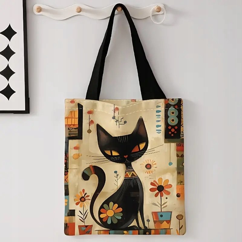 Torba Shopperka Tote Czarny Kot Egipt Kwiaty Rośliny Retro Vintage 40X35 Cm