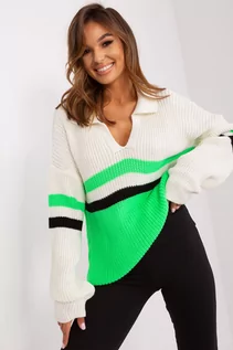 Swetry damskie - Ecru-jasnozielony sweter oversize z kołnierzem - grafika 1