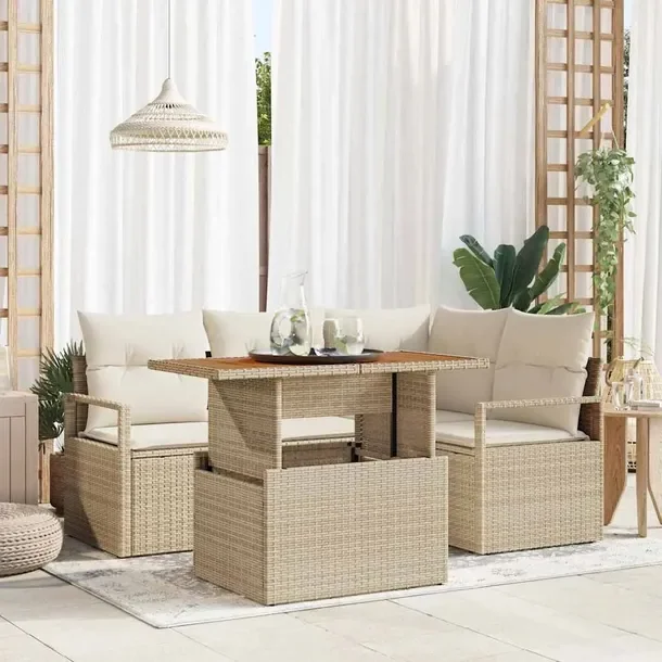 Zestaw ogrodowy z rattanu, sofa narożna, stół, 3 sofy dwuosobowe, beżow