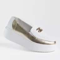 Mokasyny damskie - Mokasyny damskie skóra GOODIN GD-FT-121 białe złote platforma lekkie 41 - miniaturka - grafika 1