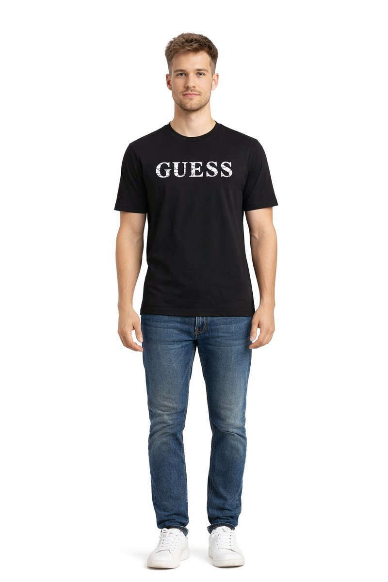 GUESS CZARNY BAWEŁNIANY T-SHIRT Z NADRUKIEM LOGO M I4A