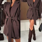 Kurtki damskie - TEMU Elegancka Marynarka - Kołnierz z Wycięciem, Pasek w Talii, Luźny Krój, Casualowa Kurtka, Jednokolorowa, Pranie w Praniu Maszynowym, - miniaturka - grafika 1