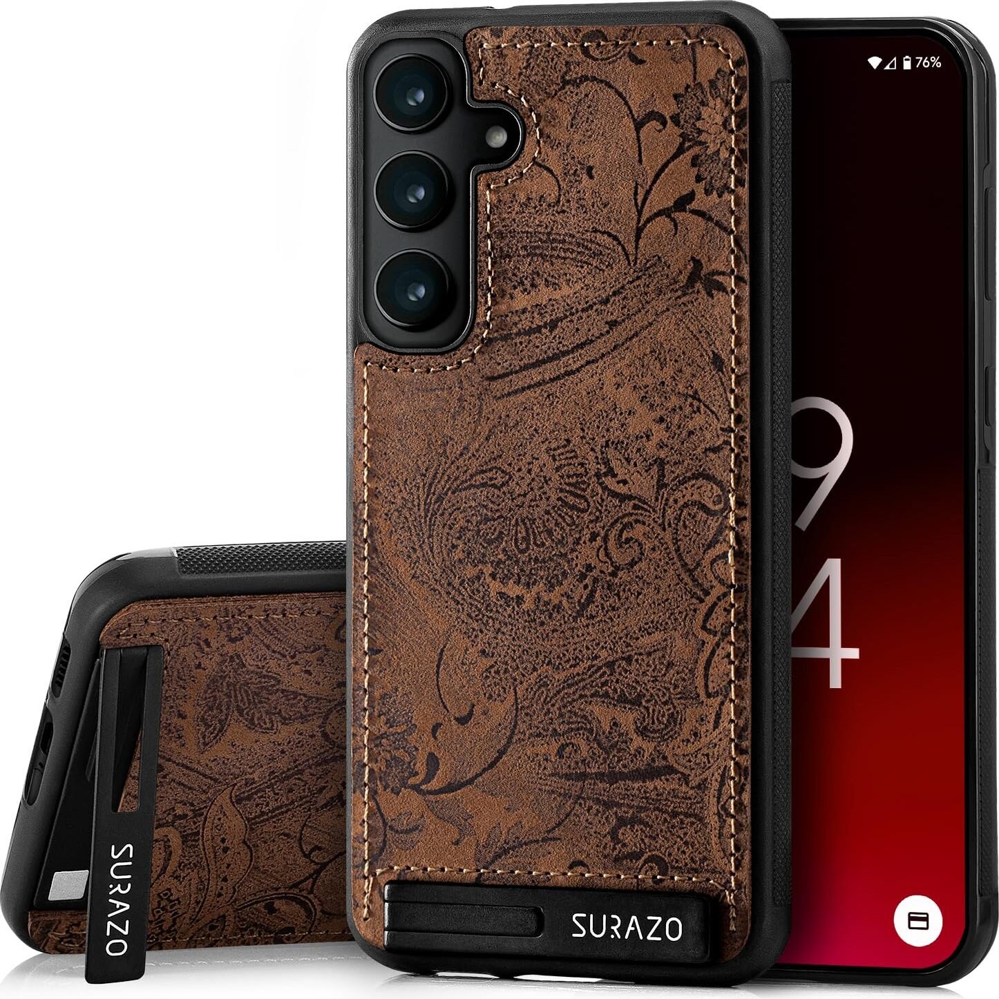 SURAZO Premium skórzane etui na telefon Samsung Galaxy S24 - odporne na wstrząsy skórzane etui na telefon komórkowy z breloczkiem w kształcie kwiatu i ozdobnym pokrowcem w kolorze brązowym