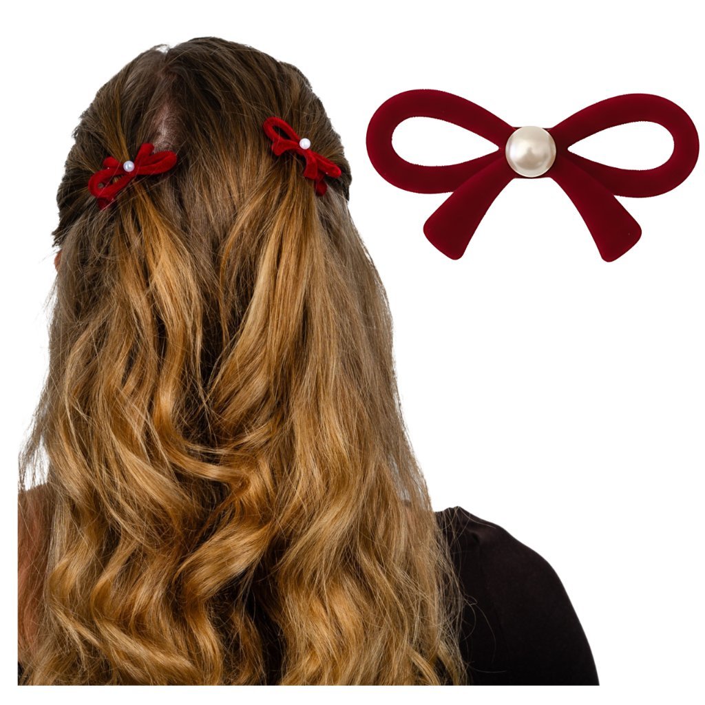 Spinka do Włosów Bordowa Czerwona Mała Kokarda Z Perłą Świąteczna Elegancka