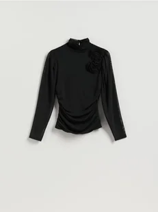 Reserved - Bluzka z kwiatową aplikacją - czarny - Bluzki damskie - miniaturka - grafika 1