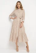 Sukienki - Beżowa Bawełniana Sukienka Ażurowa o Koszulowym Kroju Elowetia - miniaturka - grafika 1